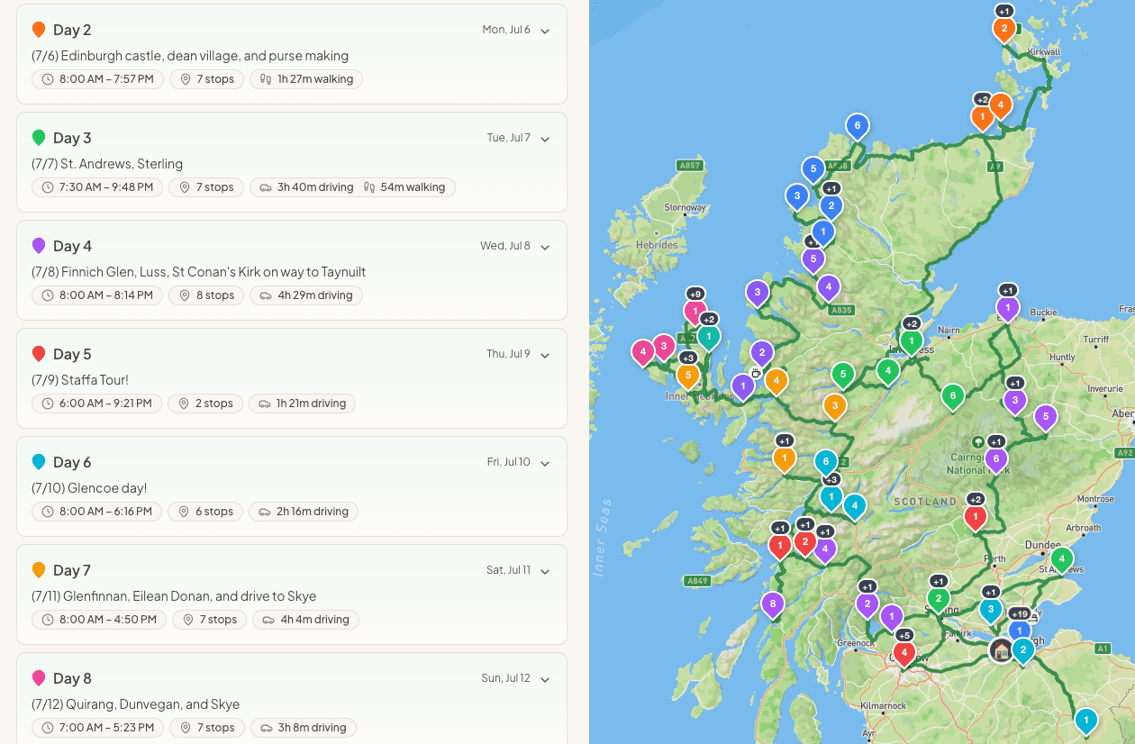 Day-by-day itinerary panel alongside a map of Scotland with routed pins.