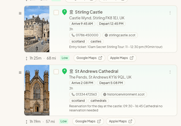 Stop detail view showing arrival/departure times, drive distance, and quick links to maps.